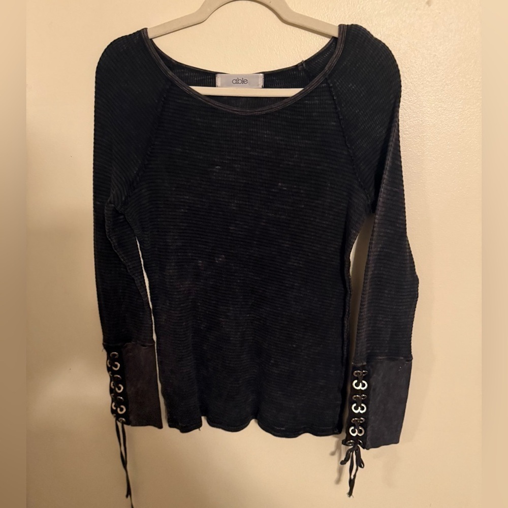 ABLE Black Ribbed Bleach-Dyed Lace-Up Cuff Long Sleeve Top – Size L - Picture 3 of 7